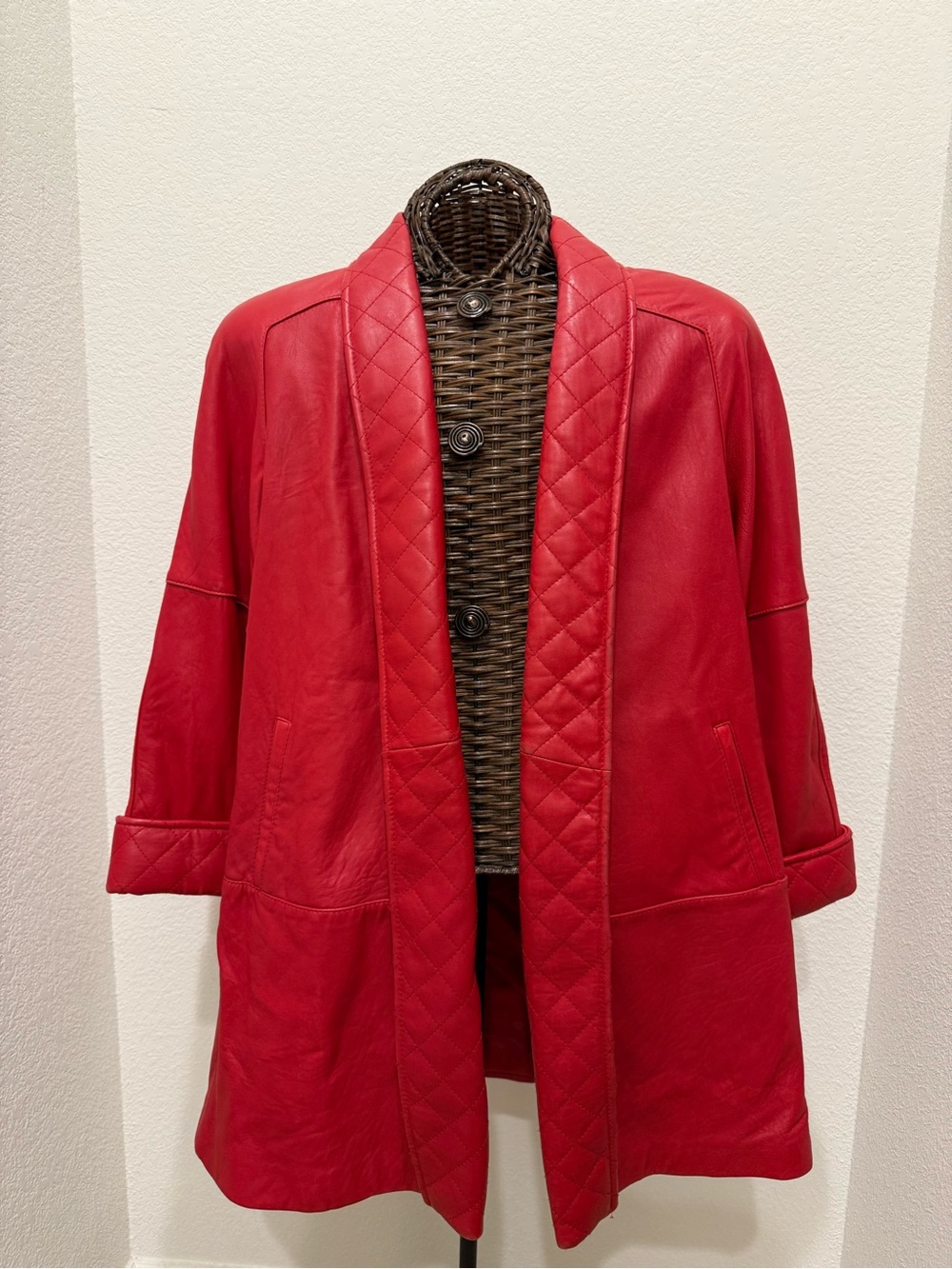 Vintage 80s/90s TIBOR Red Leather Kimono Coat w/ Quilted Trim